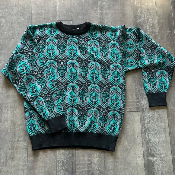 Vintage Turquoise & Black Sweater 100% Acrylic Sweater - Size Medium - Picture 2 of 4